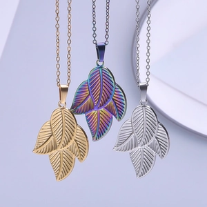 Minimalist 18k gold plated stainless steel leaf pendant necklace in three metallic finishes