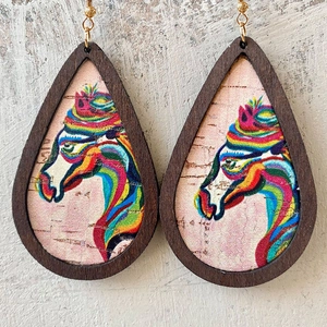 Water-drop wooden earrings featuring a colorful neon horse head pattern in western style