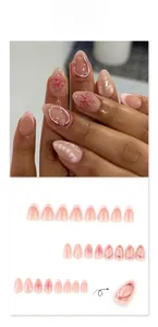Detail of JP3861 pink almond press-on nails with 3D flower and cat eye effect