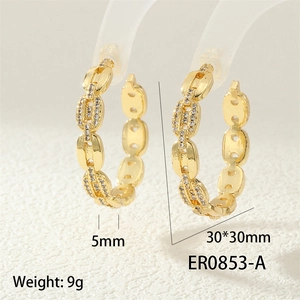Detail view of gold chain link earrings with micro-pave cubic zirconia and dimensions
