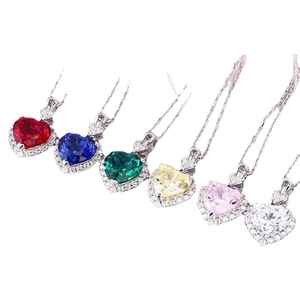 S925 silver heart pendant necklace with moissanite in six vibrant gemstone colors
