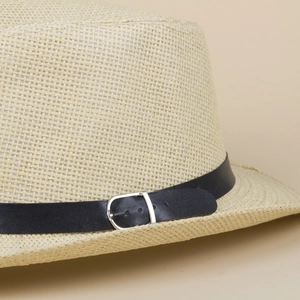 Classic beige straw fedora sun hat featuring a black leather band and silver buckle