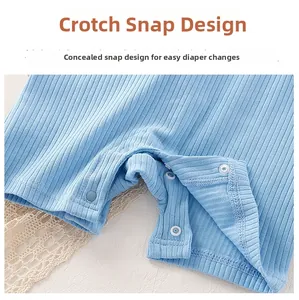 Detail of snap button closures on light blue ribbed cotton baby bodysuit for infants