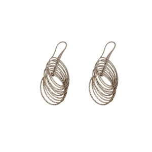 Silver multi-layered textured round hoop earrings with a metallic droplet design
