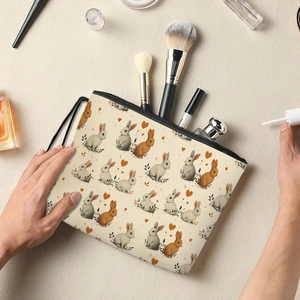 Easter bunny pattern makeup bag with zipper and hand strap for toiletries