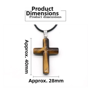 Detailed size specifications for a 40mm tiger eye stone cross pendant with woven cord