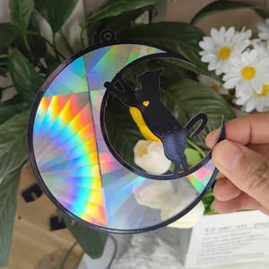 Detailed close-up of prism suncatcher with cat silhouette and rainbow light effect
