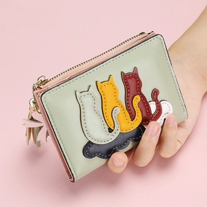 Women Short Wallet PU Leather Cute Cat Patch Tassel Bow Multi Card Slots Zipper Coin Purse Bifold Small Money Clip