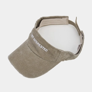 Retro washed khaki sun visor with 'NOT INTERESTED' embroidery and adjustable strap