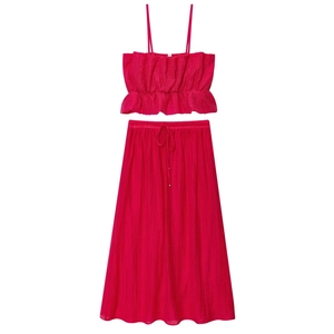 Haut À Camisole Texturé Plissé Rouge Rose Et Jupe Midi Taille Élastique Cordon De Serrage Été Décontracté Streetwear Femmes