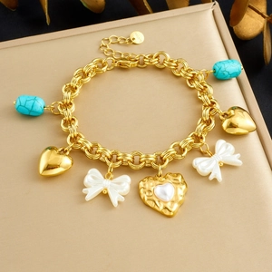 Gold Plated Stainless Steel Multi Charm Bracelet With Heart Bow Faux Artificial Pearl And Turquoise Beads Chunky Chain For Women