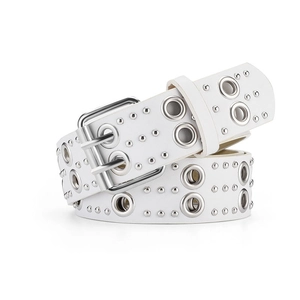 Detail of white leather punk belt with double row silver rivets and twin pin buckle