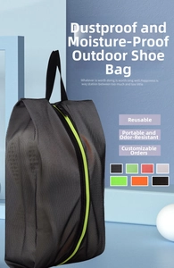 Detail view of breathable mesh shoe bag with vibrant green zipper and sturdy handle