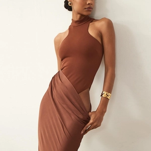 Detail of a brown sleeveless bodycon dress featuring sexy side waist cut-out accents