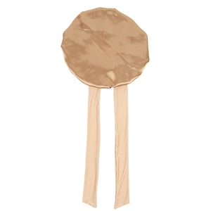Close-up of champagne gold satin bonnet with long elastic straps for hair protection