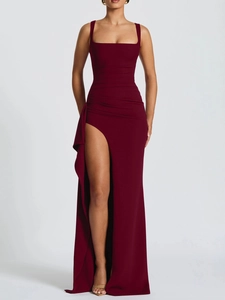 Elegant wine red square neck maxi dress with a thigh-high slit and side ruching detail