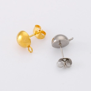 Gold and silver stainless steel half-ball stud earrings with loops for DIY jewelry making