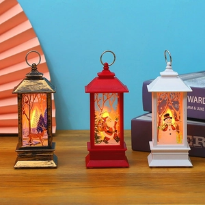 Christmas Decorative Plastic LED Lantern Portable Retro Oil Lamp With Simulated Flame Festive Pattern For Home Holiday Decor