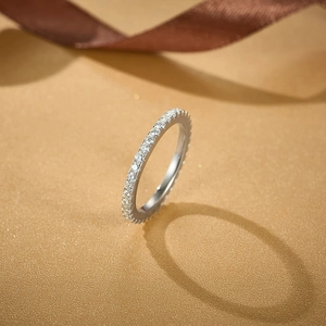 Detail shot of eternity ring with sparkling moissanite pavé set on silver band