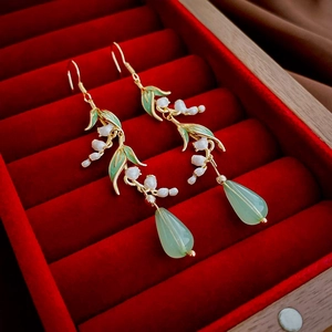 Boucles D'oreilles Muguet Laiton Résine Vert Blanc Larme Fleur Feuille Rétro Élégant Crochet Bijoux Femmes