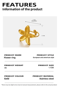 Macro shot of gold floral ring detailing adjustable size specs and stainless steel texture