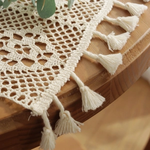 Minimalist beige cotton linen placemat with hollow lace crochet and elegant fringe tassels