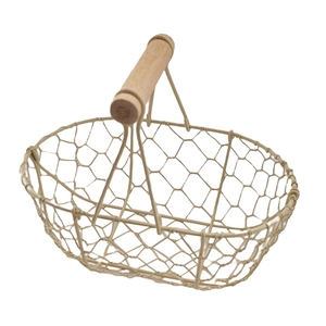 Minimalist beige iron wire storage basket with wooden handle on white background