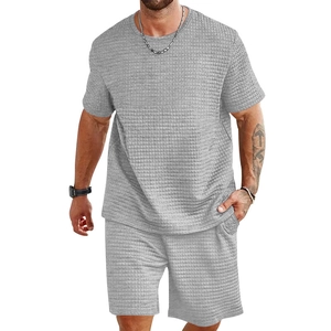 Men's grey waffle knit sportswear set with crewneck t-shirt and casual shorts