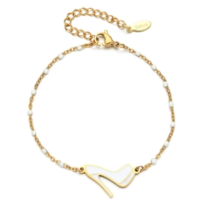 Bohemian gold stainless steel bracelet with white enamel beads and high heel charm