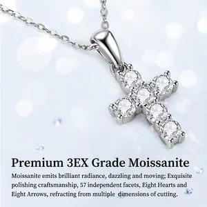 Classic moissanite cross pendant necklace in 925 silver with 3EX round brilliant cut stones