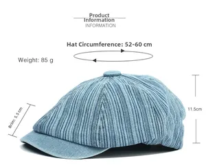 Blue striped newsboy cap size chart showing 52-60cm circumference and denim fabric details
