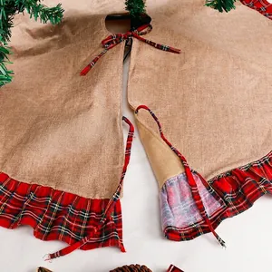 Linen Christmas tree skirt with red plaid ruffled edges and ties for festive holiday decor