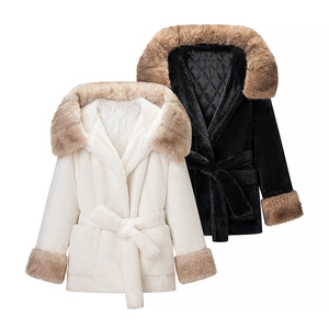 Women Faux Fur Jacket Hooded Quilted Lining Belted Winter Coat Long Sleeve Solid Color Warm Casual Outwear
