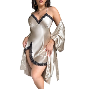 Champagne satin loungewear set with V-neck nightgown and matching lace-trim robe