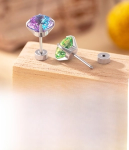 Detail of 8mm gradient cubic zirconia earrings with titanium steel screw backs