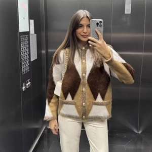 Women Argyle Knitted Cardigan Sweater French Retro Color Block Fuzzy Long Sleeve Gold Button Casual Top