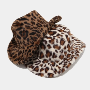 Winter Western leopard print faux fur fedora jazz hat for men and women with wide brim