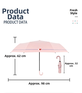 Size chart showing dimensions of the pink heart pattern folding umbrella in detail