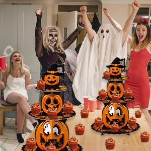 Halloween pumpkin themed 3-tier cardboard cupcake stand for party dessert table decor