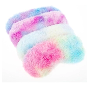 Close-up of soft faux rabbit fur sleep masks in pastel macaron gradient tie-dye colors