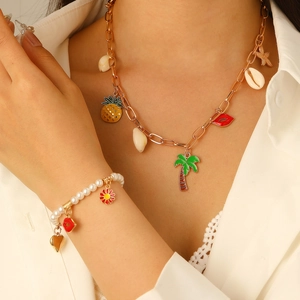 Bohemian gold chain necklace and pearl bracelet set with colorful tropical sea charms
