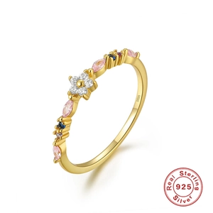 Detailed close-up of S925 sterling silver gold-plated ring with colorful zircon floral design