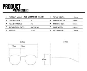 Detailed size chart of oversized rhinestone cycling sunglasses with exact dimensions