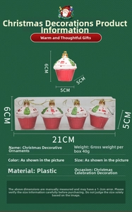 Detail view of 4-pack pink cupcake Christmas ornaments with gold hanging strings
