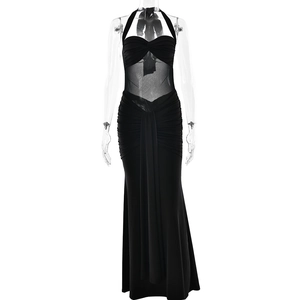 Elegant black halter neck long dress with sheer mesh panel and bodycon ruched details