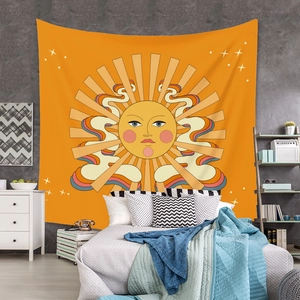 Arazzo boho arancione brillante con sole vintage per la decorazione della parete casa