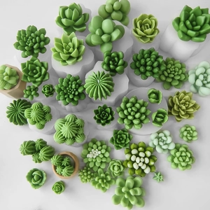 Various cactus and succulent shaped wax candles on a clean white background top view