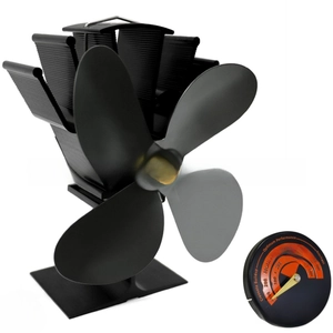 Detail view of a 4-blade heat powered stove fan with a round magnetic thermometer