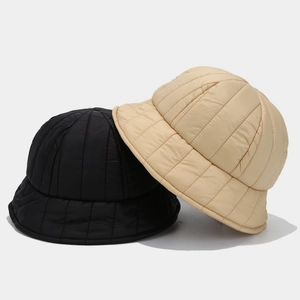 Winter quilted bucket hat for women in black and beige, warm windproof nylon material