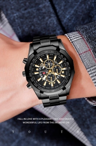 Detail of black stainless steel chronograph watch featuring luminous dials and date window
